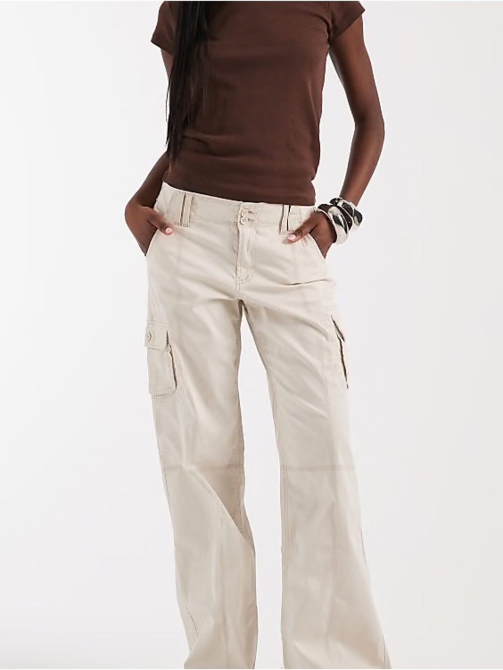 Hollister High Rise Baggy Straight Leg Cargo Pants - Cream, Size 26